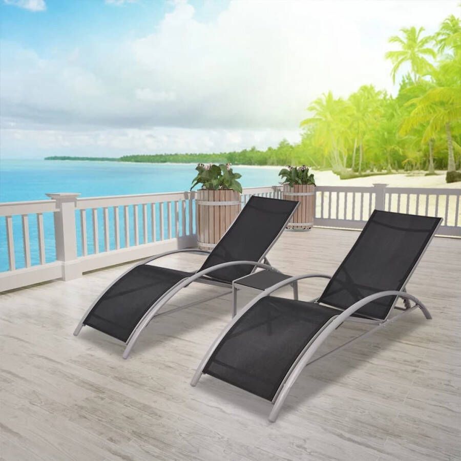 The Living Store Aluminium Tuinstoelenset Strandstoelen en Tafel 156 x 60 x 89 cm Verstelbare Rugleuning Zwart Zilvergrijs