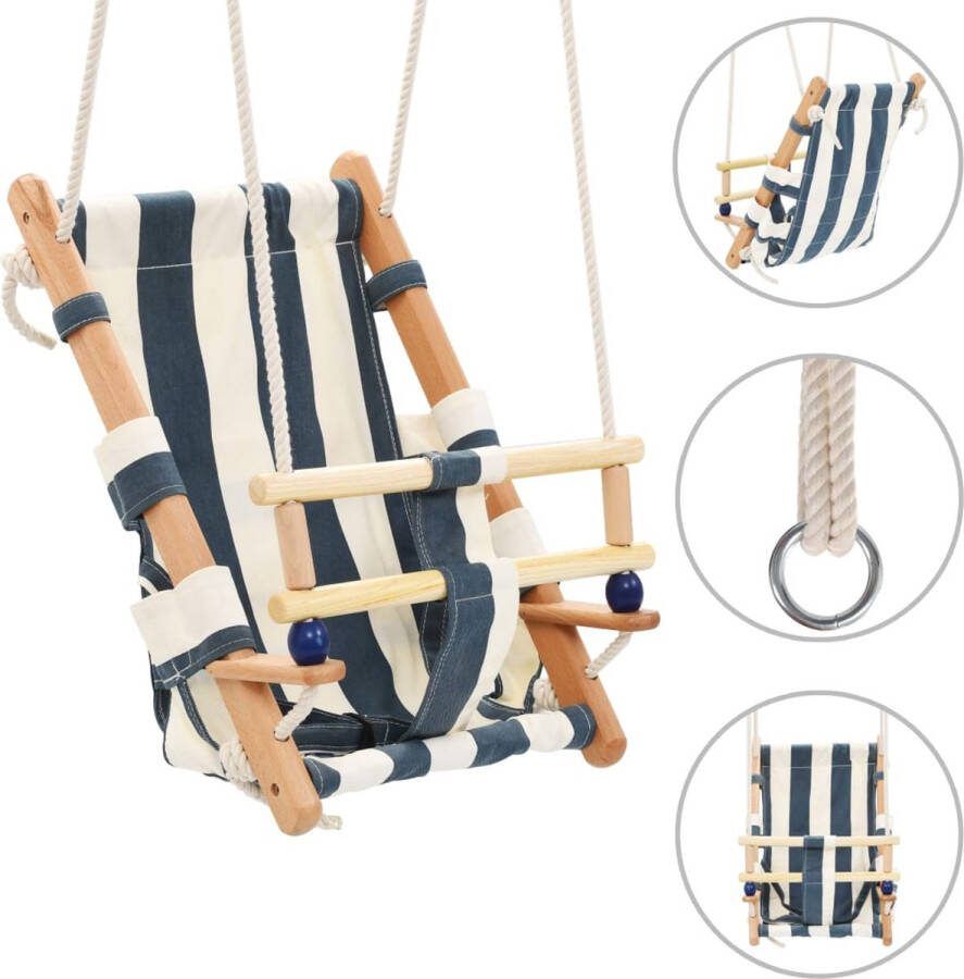 The Living Store Babyschommel Veiligheidsschommel voor babys en peuters Blauw en wit 35x30x57 cm Katoen hout en PE touw