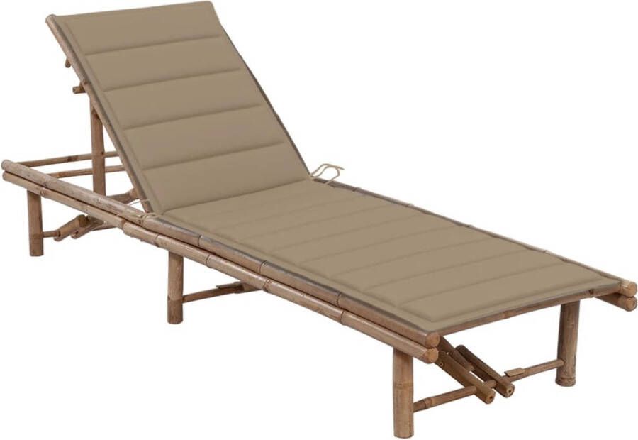 The Living Store Bamboe Ligbed Tuinstoel 200x65x30 cm Verstelbare rugleuning Beige kussen