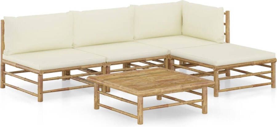 The Living Store Bamboe Loungehoek Hoekbank Middenbank Voetenbank Tafel Crèmewit Kussen Stevig Gemakkelijk Schoon te Maken Modulair Design Montage Vereist 150x70x60 cm