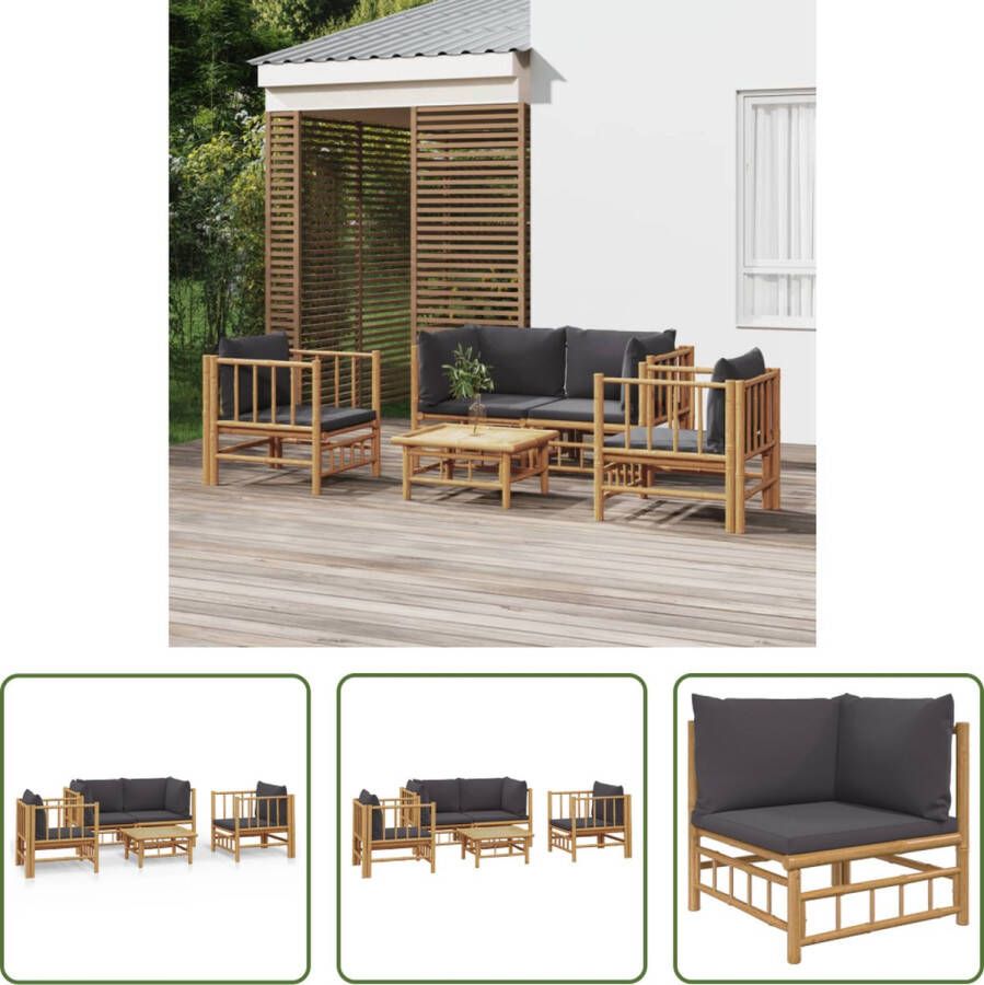 The Living Store Bamboe Loungeset Hoekbank Stoel Tafel Natuurlijke olieafwerking 65x65 cm zitting 30 cm zithoogte 65 cm armleuning Donkergrijze kussens Inclusief 2 hoekbanken 2 stoelen 1 tafel 4 zitkussens 6 rugkussens