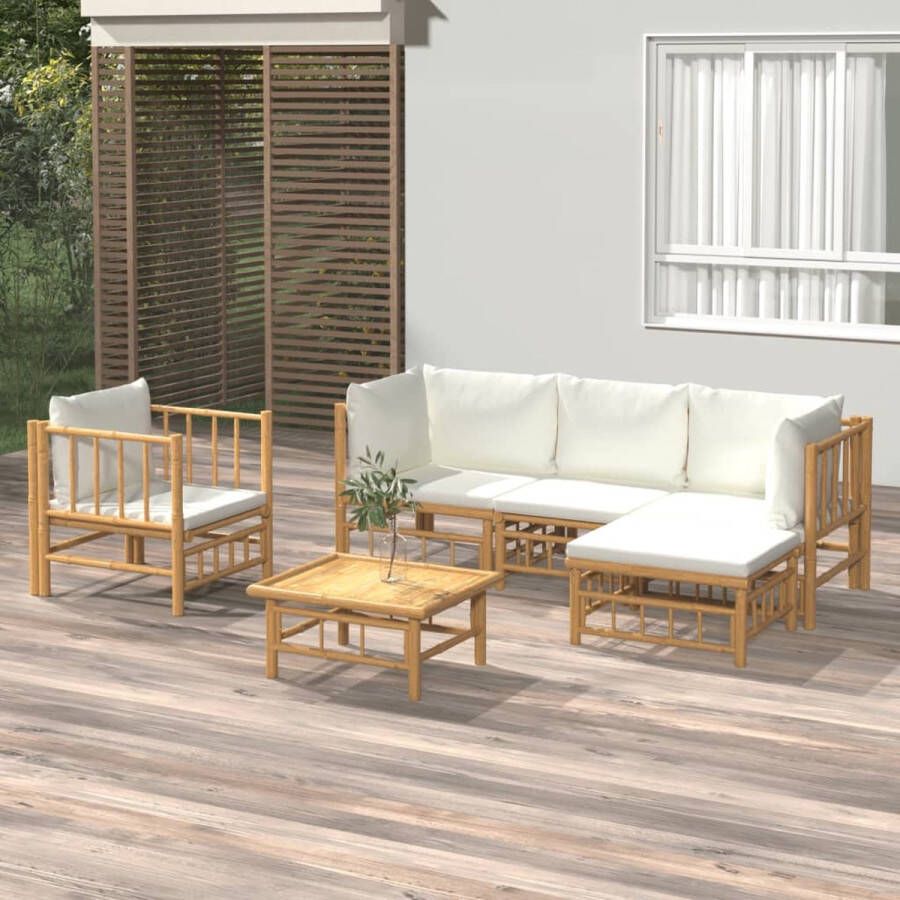 The Living Store Bamboe Loungeset Middenbank 55x69x65 cm Hoekbank 69x69x65 cm Stoel 63x69x65 cm Voetenbankje 55x65x30 cm Tafel 55x65x30 cm Incl kussens