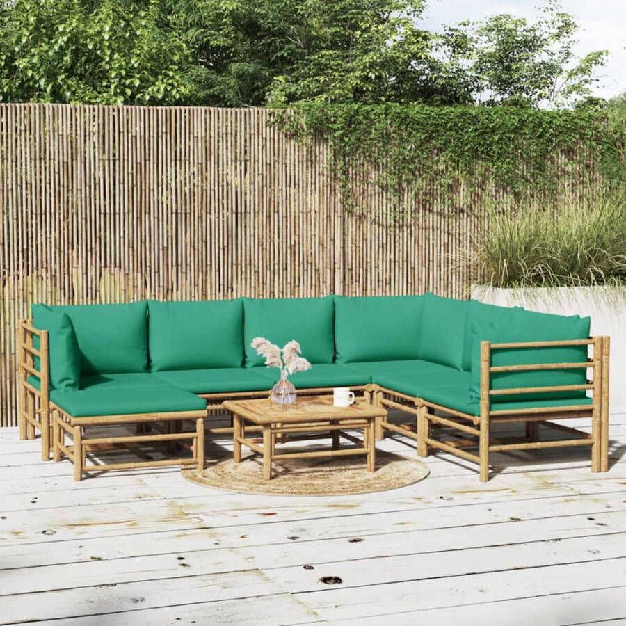 The Living Store Bamboe Loungeset Modulair Groen Kussen 55x65 cm 69x69 cm 55x65 cm 150x30 cm 55x65 cm 7 zitkussens 9 rugkussens