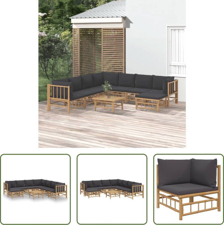 The Living Store Bamboe Loungeset Modulair Inclusief 4x middenbank 3x hoekbank 1x voetenbank 1x tafel Donkergrijs kussen 150x65x30 cm