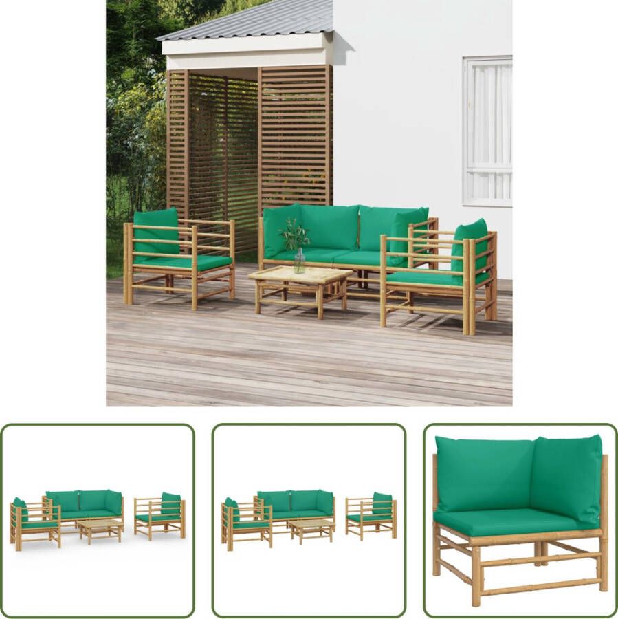 The Living Store Bamboe Tuinset Hoekbank 2x Stoel Tafel Groen Kussen Duurzaam Comfortabel Modulair ontwerp 100% Polyester