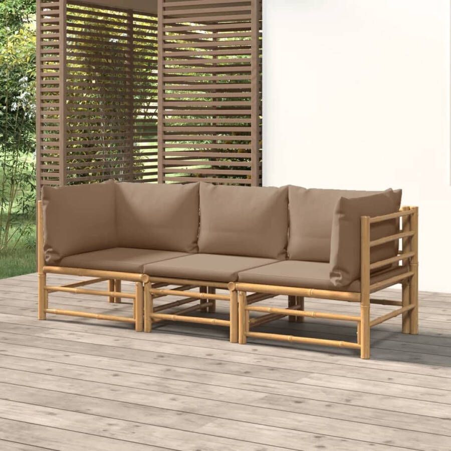 The Living Store Bamboe Tuinset Middenbank 55x69x65 cm Hoekbank 69x69x65 cm Taupe kussens