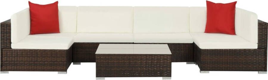 The Living Store Bankenset Bruin Rattan Hoekbank Middenbanken Salontafel Modulair 6 cm Dikke Kussens Weerbestendig