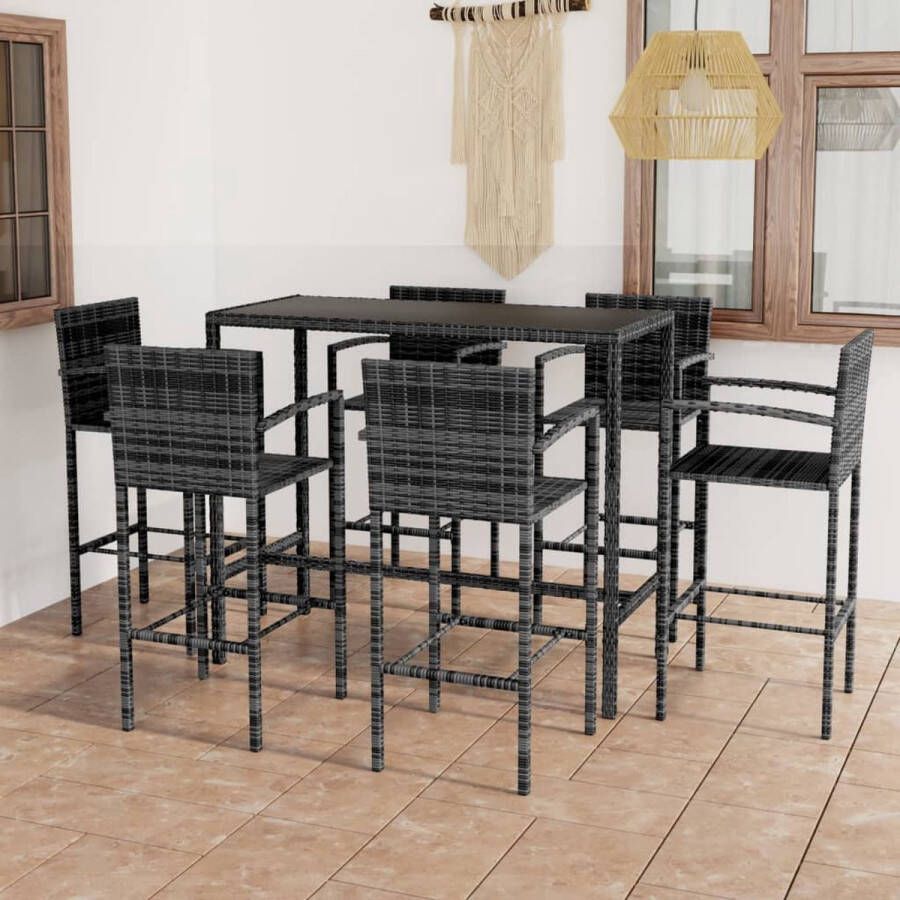 The Living Store Barset 130 x 60 x 110 cm Grijs Zwart PE-rattan gepoedercoat staal gehard glas 6 krukken