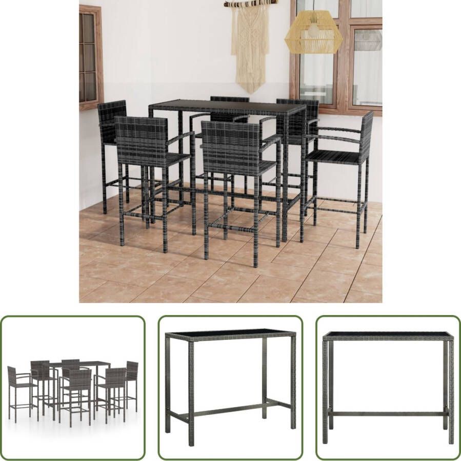 The Living Store Barset 130 x 60 x 110 cm Grijs Zwart PE-rattan gepoedercoat staal gehard glas 6 krukken