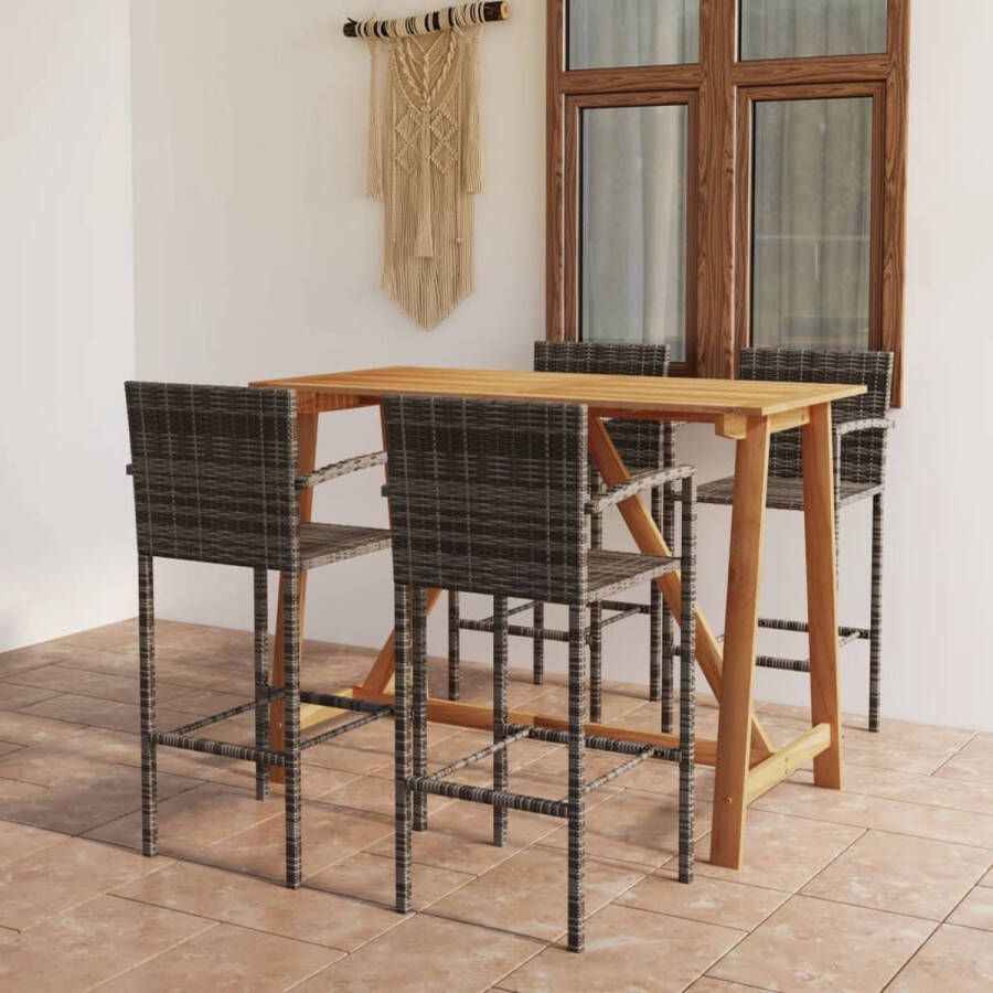 The Living Store Barset Acaciahout Grijs 140 x 70 x 104 cm Poly rattan en gepoedercoat staal 4 x barkruk