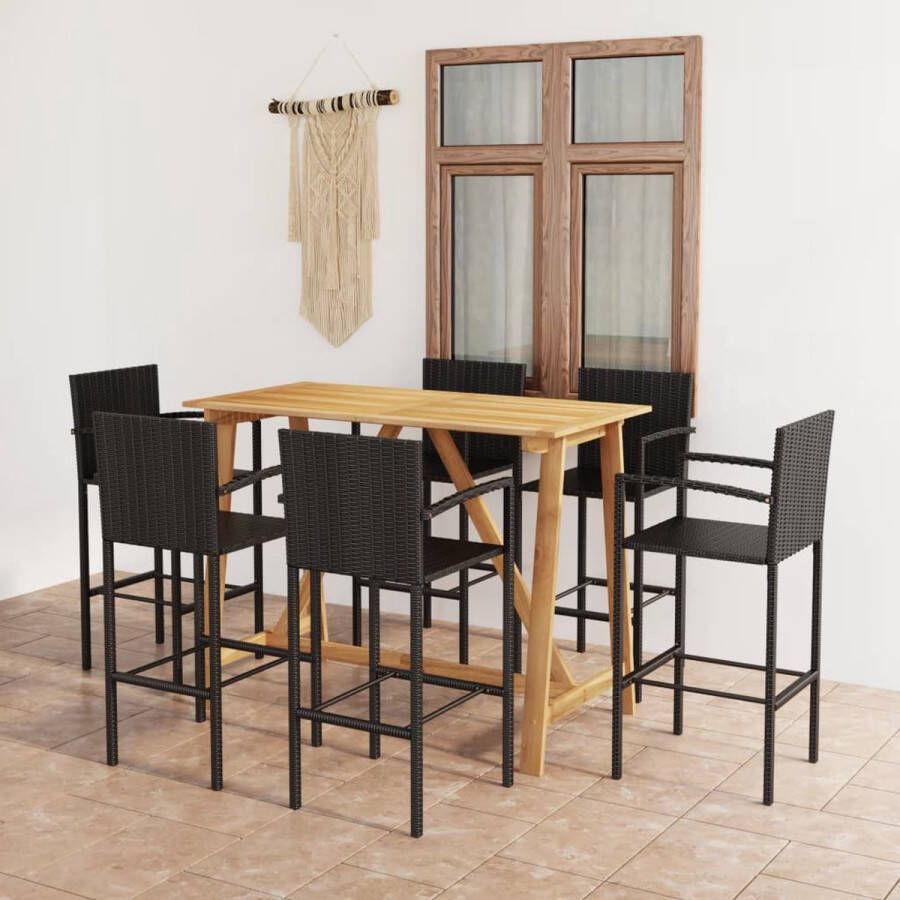 The Living Store Barset Acaciahout Zwart 140x70x104 cm Weerbestendig PE Rattan 6 Barkrukken