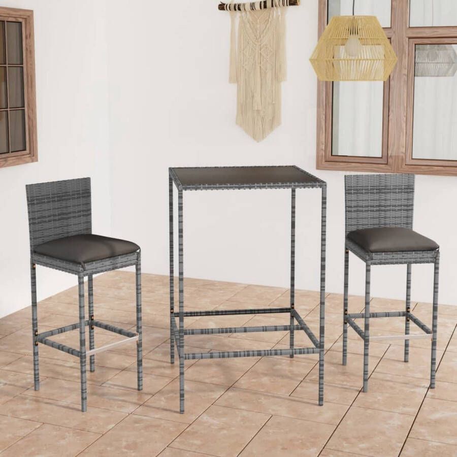 The Living Store Barset Antraciet Grijs PE-rattan 70x70x110 cm Tafel met Gehard Glas 2 Barkrukken Inclusief Kussens