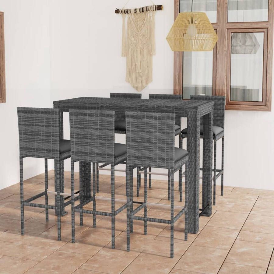 The Living Store Barset Antraciet Grijs Staal PE-rattan 140.5x60.5x110.5cm 6 krukken 6 kussens