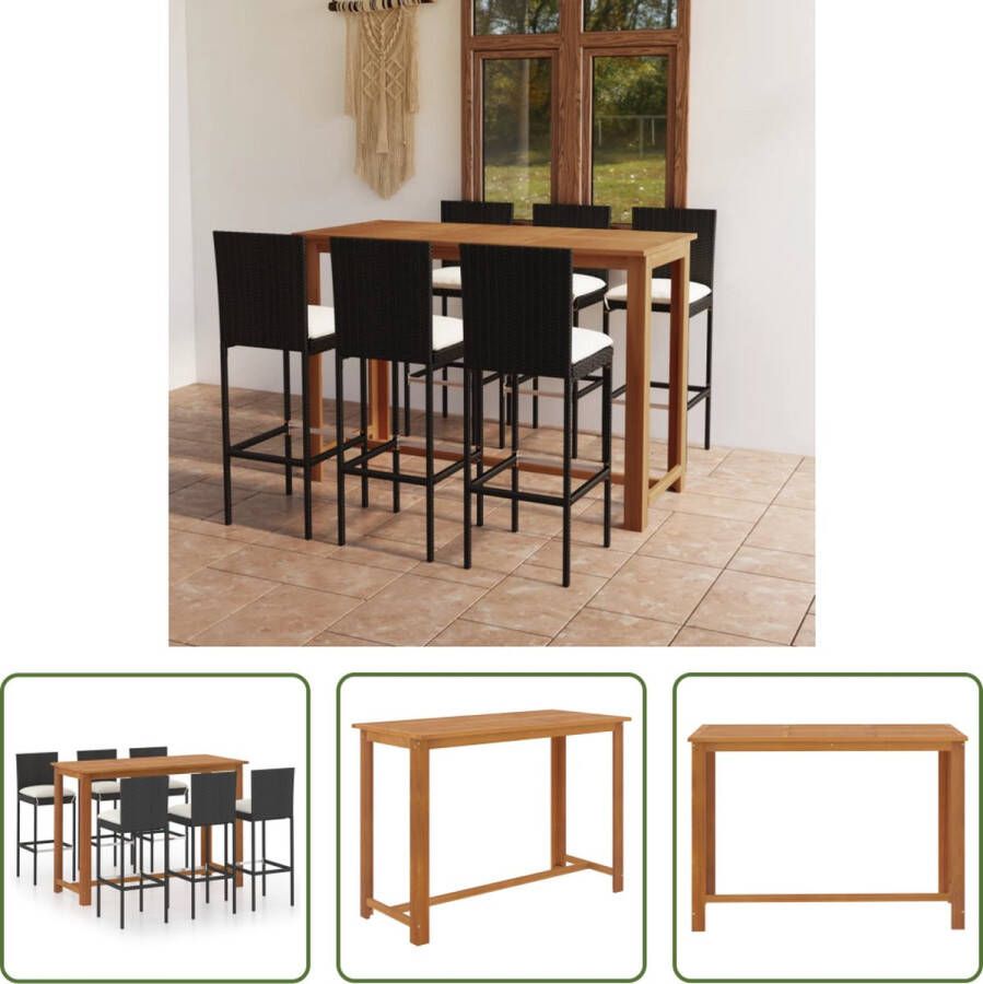 The Living Store Barset Bistro Massief acaciahout 150x70x105cm Zwart crème Poly rattan gepoedercoat staal 6 barkrukken