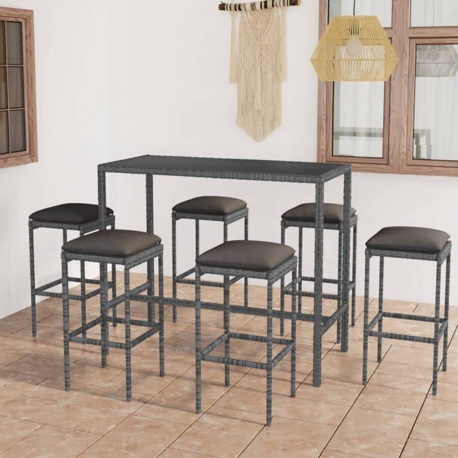 The Living Store Barset Calais Bartafel en 6 krukken Grijs PE-rattan Gepoedercoat staal Gehard glas Antraciet kussen 130x60x110cm