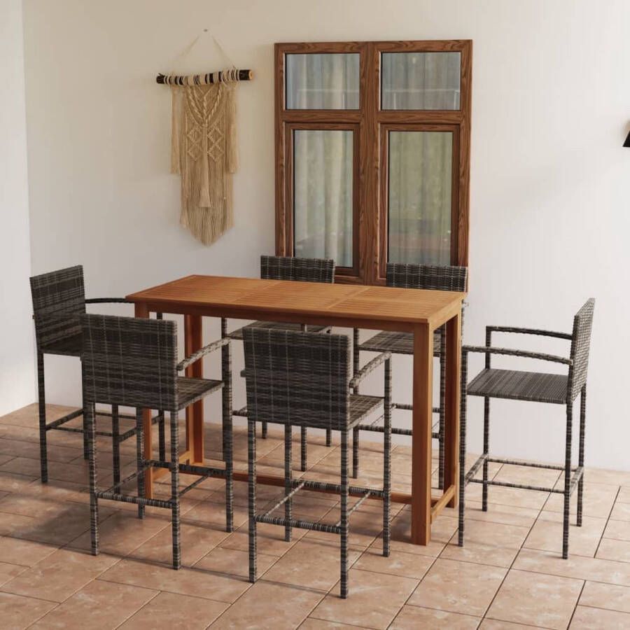 The Living Store Barset Elegant Massief Acaciahout 150x70x105 cm (LxBxH) Grijs Poly rattan Gepoedercoat staal 52x56x118 cm (BxDxH) Zithoogte 80 cm 1 Tafel 6 Barkrukken