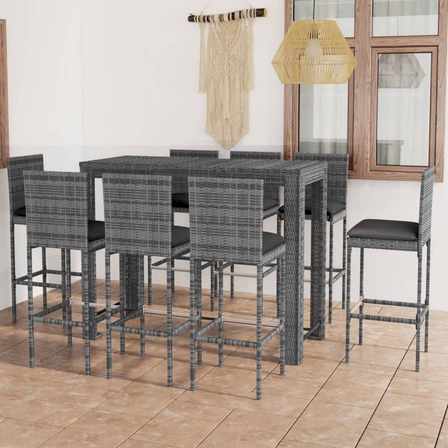 The Living Store Barset Grijs PE-rattan en gepoedercoat staal 140.5 x 60.5 x 110.5 cm (L x B x H) Inclusief 8 barkrukken en zitkussens