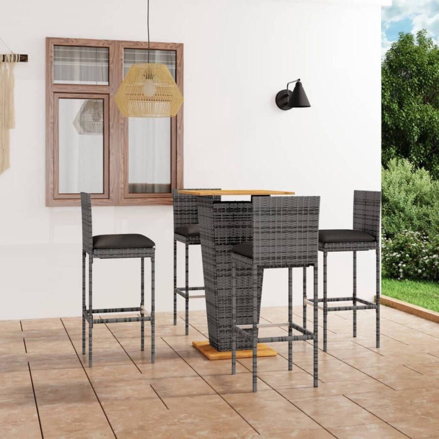 The Living Store Barset Grijs PE-rattan Gepoedercoat staal Massief acaciahout 60x60x110cm Inclusief 4 krukken