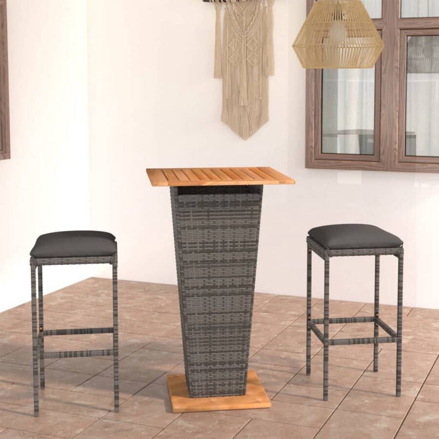 The Living Store Barset Grijs PE-rattan staal 60x60x110 cm Acaciahout 2 krukken