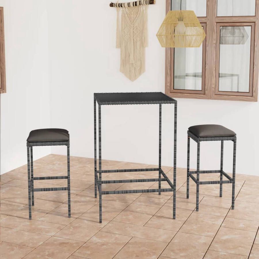 The Living Store Barset Grijze PE-rattan Stalen Frame Gehard Glas Afmetingen Tafel- 70x70x110cm Afmetingen Kruk- 38x38x76cm Inclusief Zitkussen