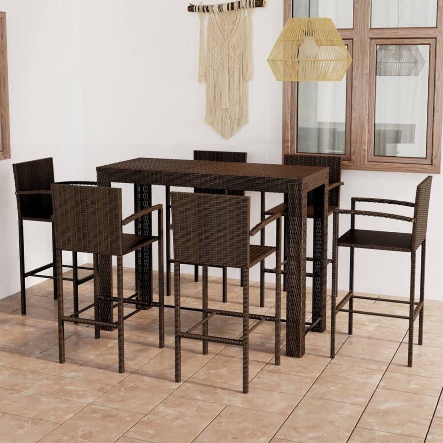 The Living Store Barset Inclusief Bartafel en 6 Barkrukken Stabiel en Weerbestendig Bruin PE-Rattan en Gepoedercoat Staal Bartafel- 140.5 x 60.5 x 110.5 cm Barkruk- 52 x 56 x 118 cm Inclusief Voetensteun