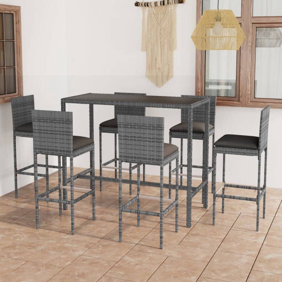 The Living Store Barset Marseille Grijze PE-rattan 130 x 60 x 110 cm Inclusief 6 krukken en kussens