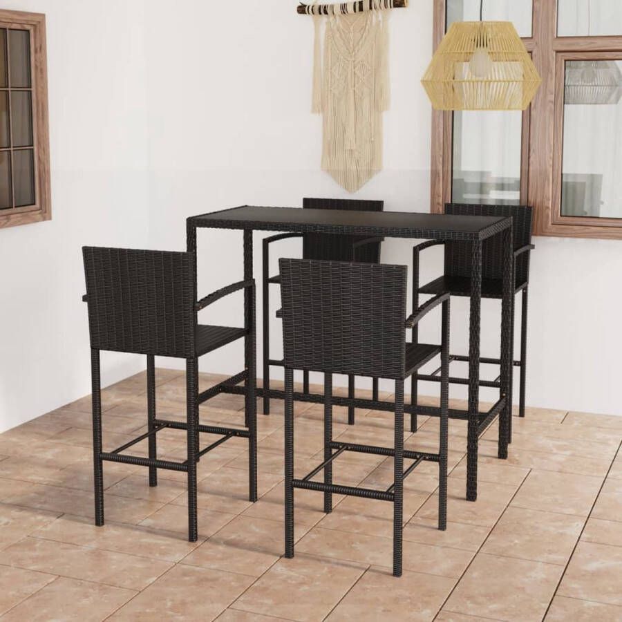 The Living Store Barset met tafel en 4 krukken 130x60x110 cm zwart PE-rattan en gepoedercoat staal