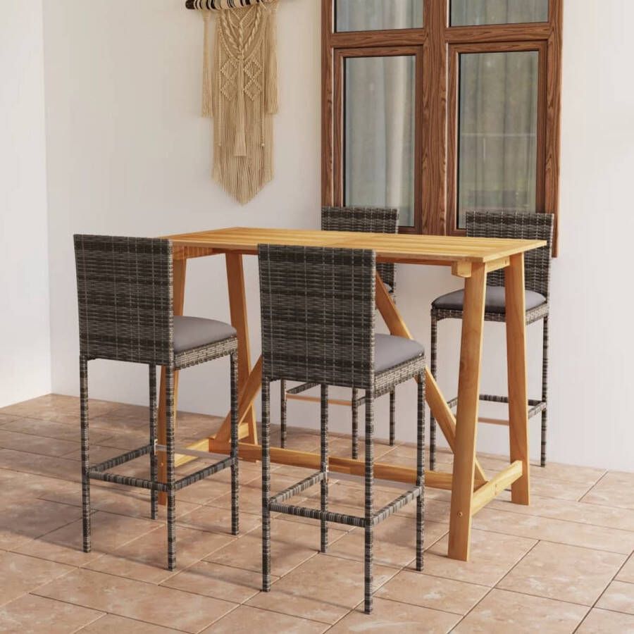 The Living Store Barset naam Tuintafel en 4 barkrukken Massief acaciahout Grijs poly rattan Inclusief zitkussens Afmetingen- 140 x 70 x 104 cm