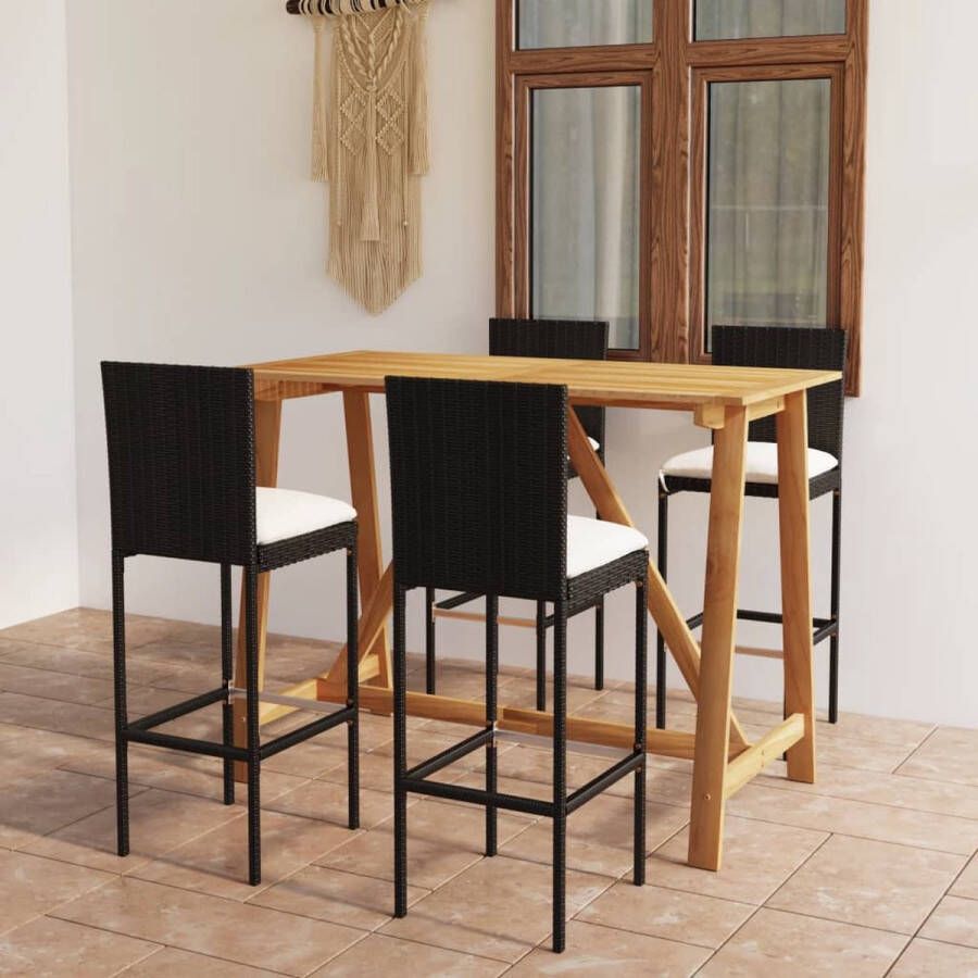 The Living Store Barset Outdoor Massief acaciahout PE-rattan Zwart Stoel- 40x44x108 cm Tafel- 140x70x104 cm Incl 4 barkrukken