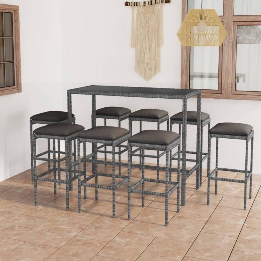 The Living Store Barset PE-rattan Gepoedercoat Staal Gehard Glas Grijs Zwart 130 x 60 x 110 cm 8 krukken Crèmewit kussen Montage vereist Inclusief tafel