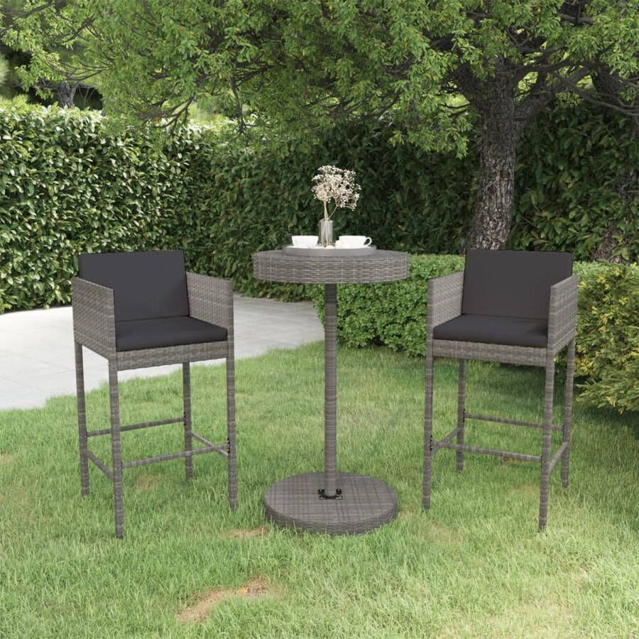 The Living Store Barset PE-rattan rond tafelblad grijs 60.5 x 106 cm 2 barkrukken Montage vereist Incl kussens