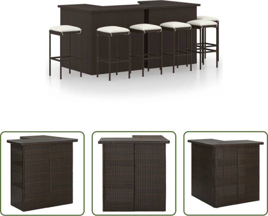 The Living Store Barset poly rattan bruin 100 x 50 x 105 cm inclusief 2 bartafels 6 barkrukken en 6 zitkussens