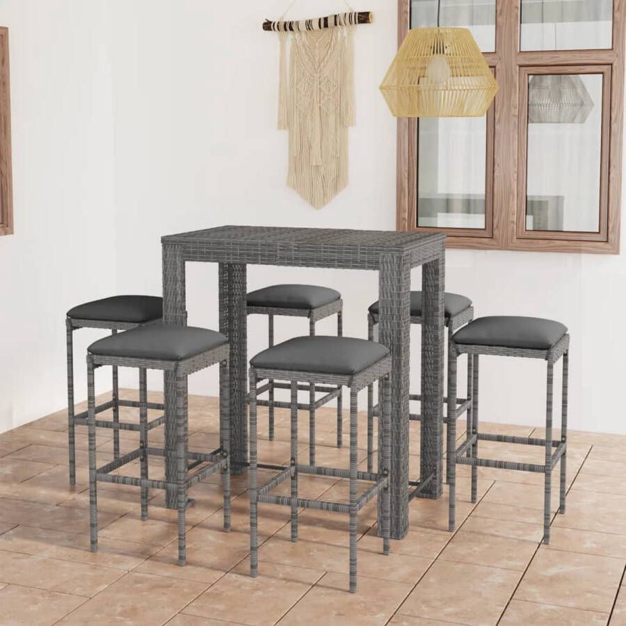 The Living Store Barset Rattan 100x60.5x110.5 cm Grijs Inclusief 6 Barkrukken Montage vereist