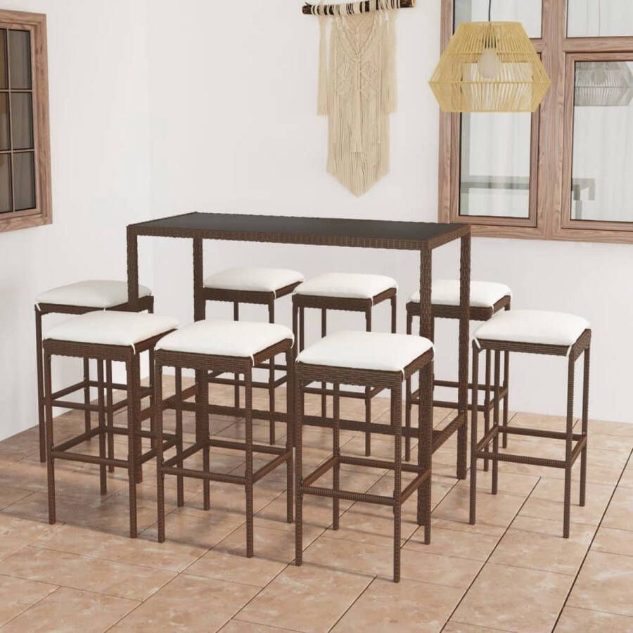 The Living Store Barset Rattan 130 x 60 x 110 cm Bruin Tafel en 8 krukken PE-rattan en gehard glas met stalen frame Inclusief zitkussens