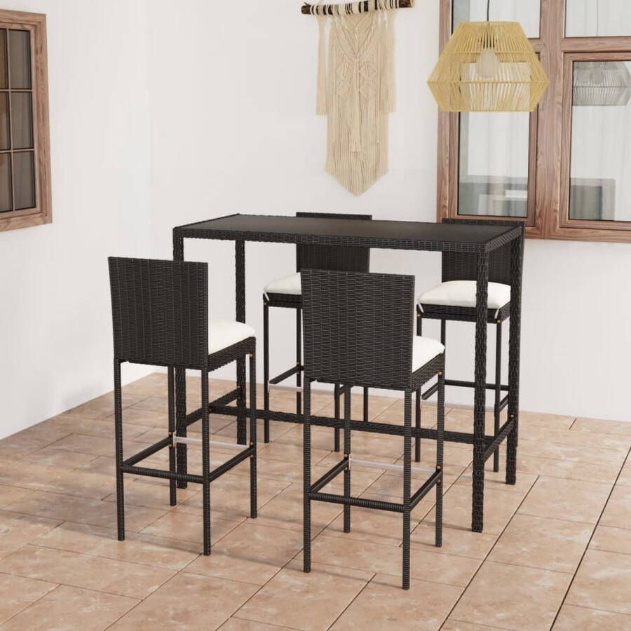 The Living Store Barset Rattan 130 x 60 x 110 cm Zwart Tafel en 4 Krukken