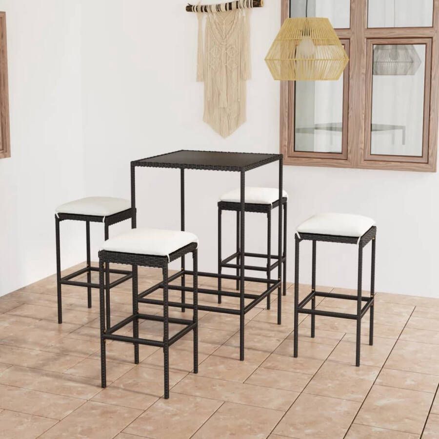 The Living Store Barset Rattan 70x70x110 cm Zwart 1 Tafel 4 Krukken