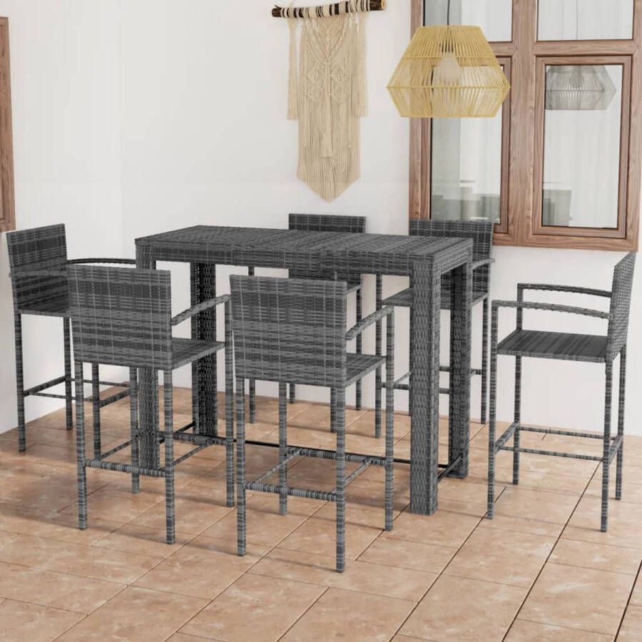 The Living Store Barset Rattan Grijs 140.5 x 60.5 x 110.5 cm Inclusief 1 tafel en 6 krukken