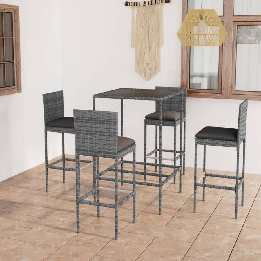 The Living Store Barset Rattan Grijs 70x70x110 cm 4 Krukken Antraciet Kussen