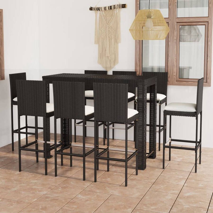 The Living Store Barset Rattan Zwart 140.5 x 60.5 x 110.5 cm Inclusief 8 krukken en kussens