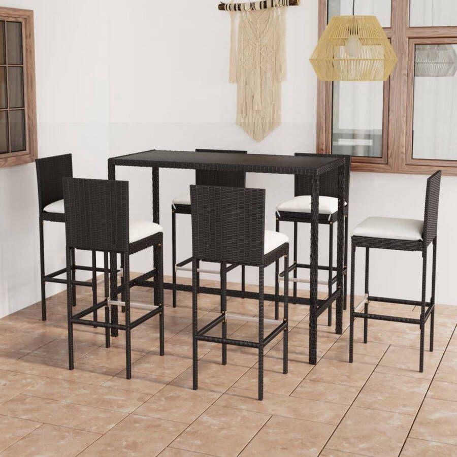 The Living Store Barset Tafel 130x60x110cm Kruk 40x44x108cm Zwart PE-rattan Gepoedercoat staal Gehard glas Crèmewit kussen Montage vereist 7-delige set