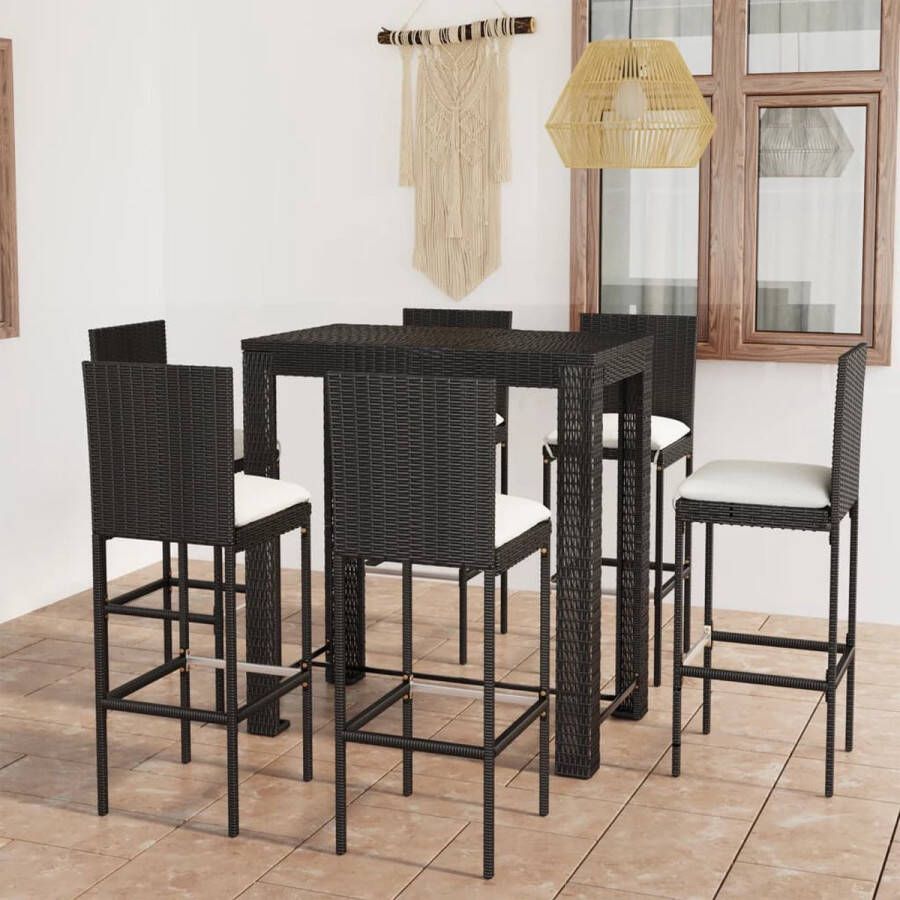 The Living Store Barset Trendy Bartafel en barkruk Afmetingen- 100 x 60.5 x 110.5 cm Kleur- Zwart Materiaal- PE-rattan en gepoedercoat staal Inclusief 6 barkrukken en zitkussens Montage vereist