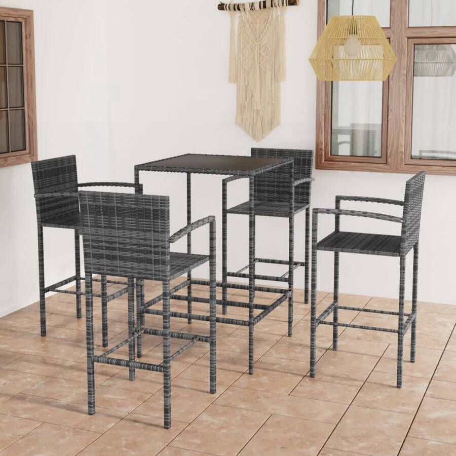 The Living Store Barset Trendy Grijs PE-rattan staal Tafel 70x70x110cm Kruk 52x56x118cm Montage vereist Levering 1x tafel 4x kruk