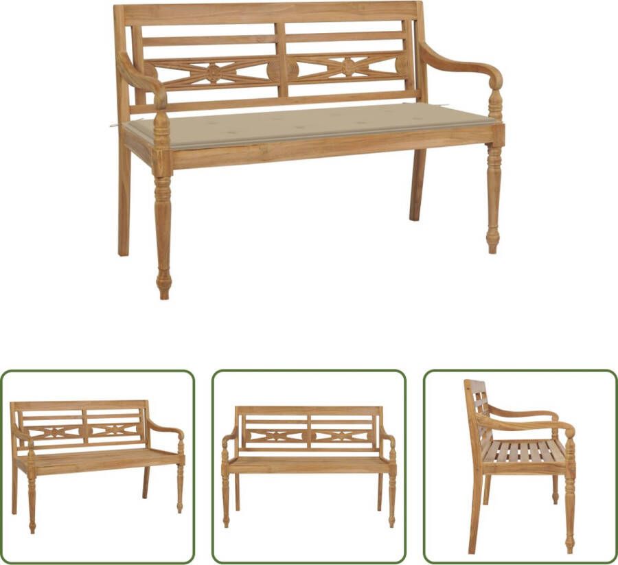 The Living Store Batavia Bank houten tuinbank 120 x 51.5 x 84 cm weerbestendig teakhout beige kussen