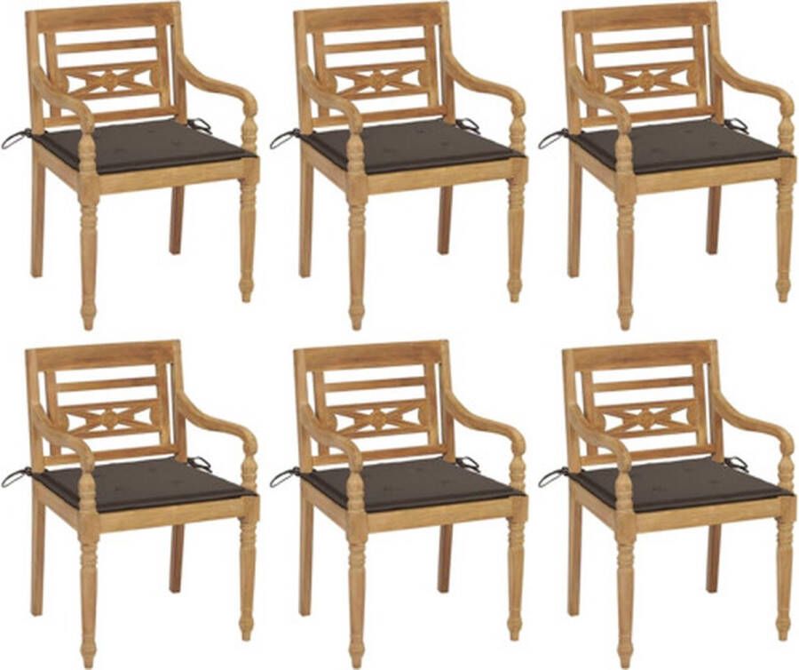 The Living Store Batavia Stoelen Set van 6 Hard Teakhout 55x51.5x84 cm Weerbestendig Inclusief Kussens Taupe