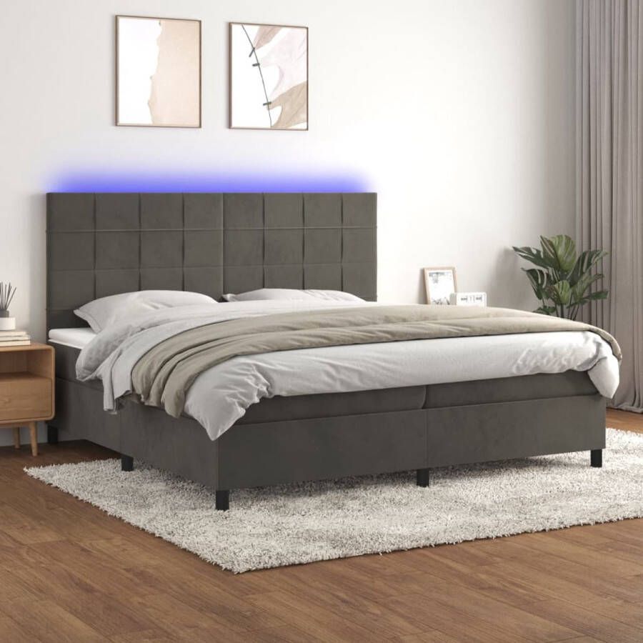 The Living Store Bed fluweel donkergrijs 203x200x118 128 cm Pocketvering matras Verstelbaar hoofdbord Kleurrijke LED-verlichting