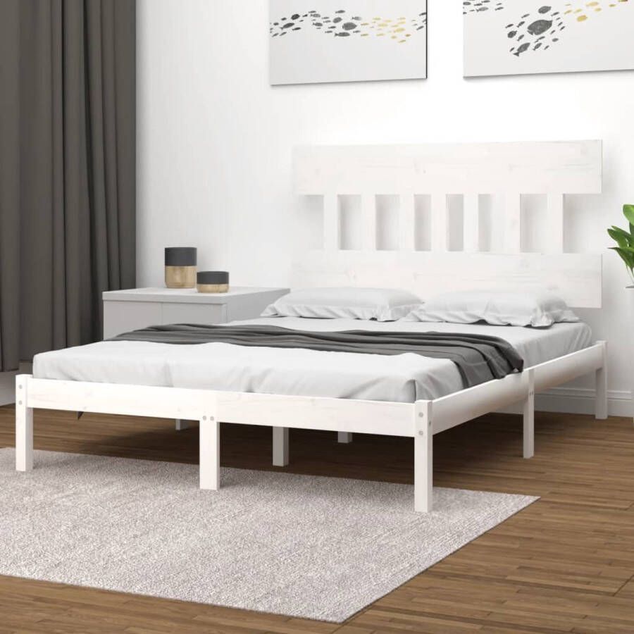 The Living Store Bed Massief grenenhout Bedframe 205.5 x 155.5 x 31 cm Hoofdbord 153.5 x 3 x 81 cm Geschikt voor 150 x 200 cm matras Wit