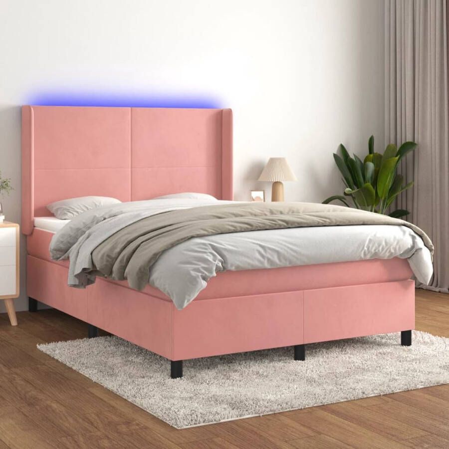 The Living Store Bed Roze Fluweel 193x147x118 128 cm Pocketvering Matras Huidvriendelijk Topmatras Kleurrijke LED-Verlichting