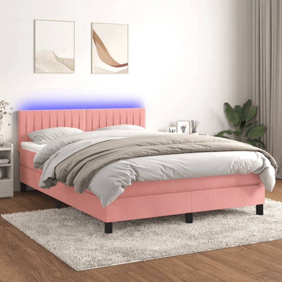 The Living Store Bed Roze Fluweel Boxspring 140x200 LED Verlichting+Matras