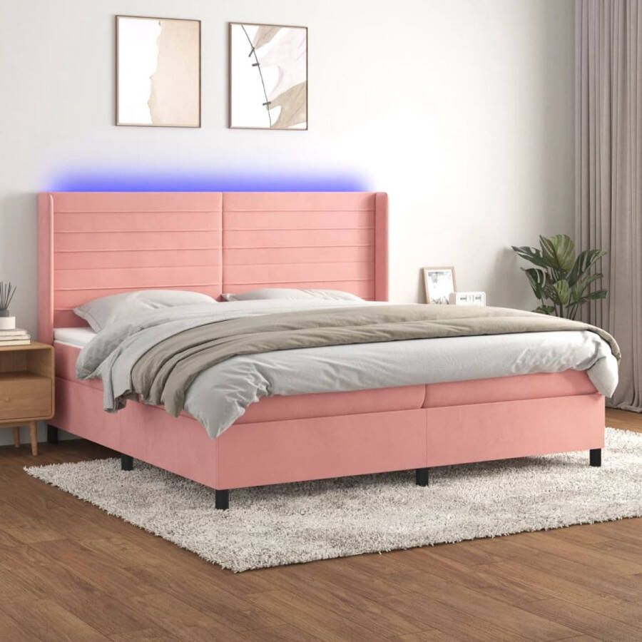 The Living Store Bed Roze Fluweel Boxspring 203x203cm Verstelbaar hoofdbord LED-verlichting Pocketvering matras Huidvriendelijk topmatras Met montagehandleiding