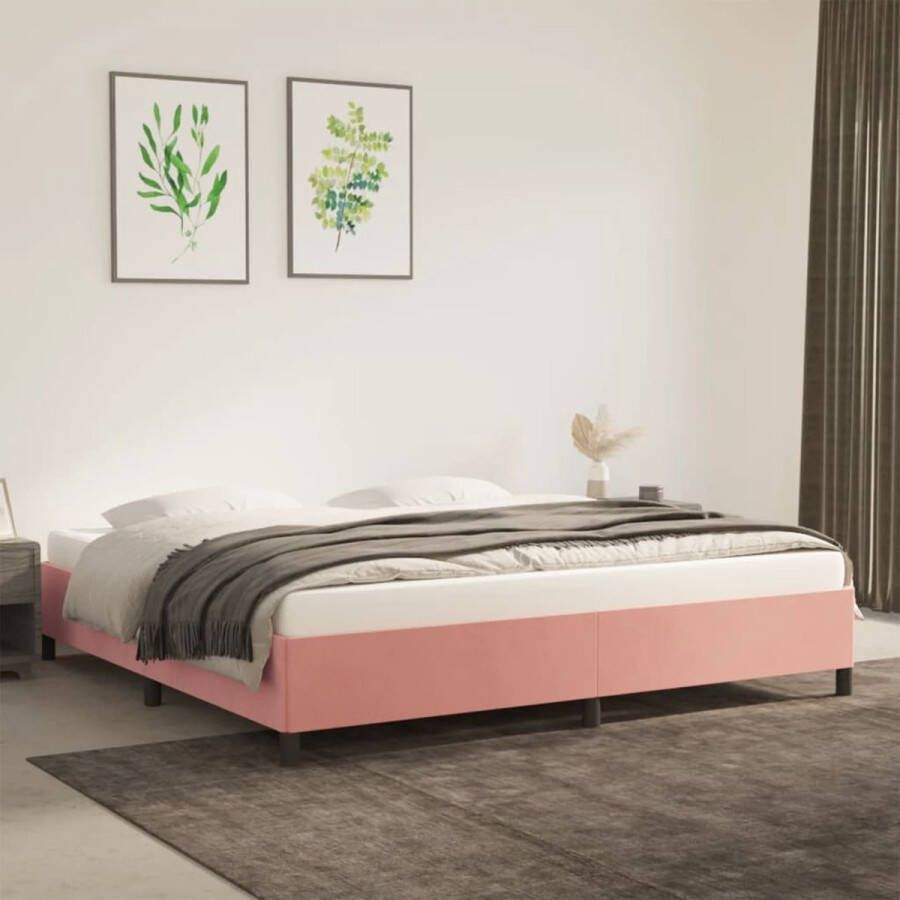 The Living Store Bedframe  Fluweel  Ondersteunende poten  Multiplex lattenbodem  Roze  203 x 203 x 35 cm  Geschikt voor 200 x 200 cm matras 